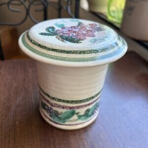 Unique Ceramic Jar W/ Butter Bell Lid Painted Green Stripes & Red Grapes signed